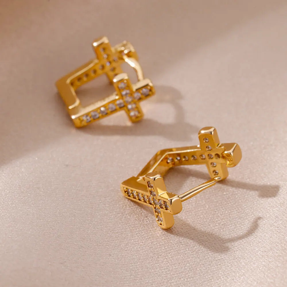 Pendientes de aro con forma de cruz de circonita CZ para mujer, aretes redondos pequeños geométricos Punk de Hip Hop de acero inoxidable, regalo de joyería religiosa