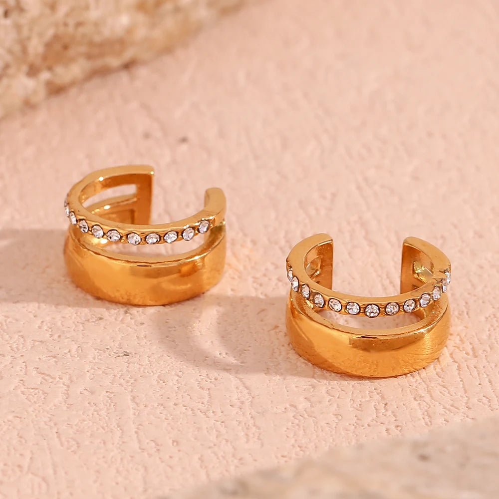 E.B.belle-pendientes de doble capa con diamantes de imitación en forma de C para mujer, aretes de acero inoxidable 316L, puños de oreja chapados en oro de 18K