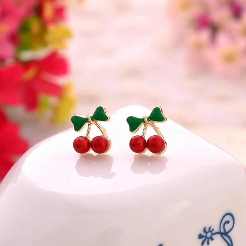 Pendientes de tuerca de cereza con diamantes de imitación de cristal para mujer, pendientes de lazo de cereza de aceite de goteo dulce, regalo de joyería de moda para niñas