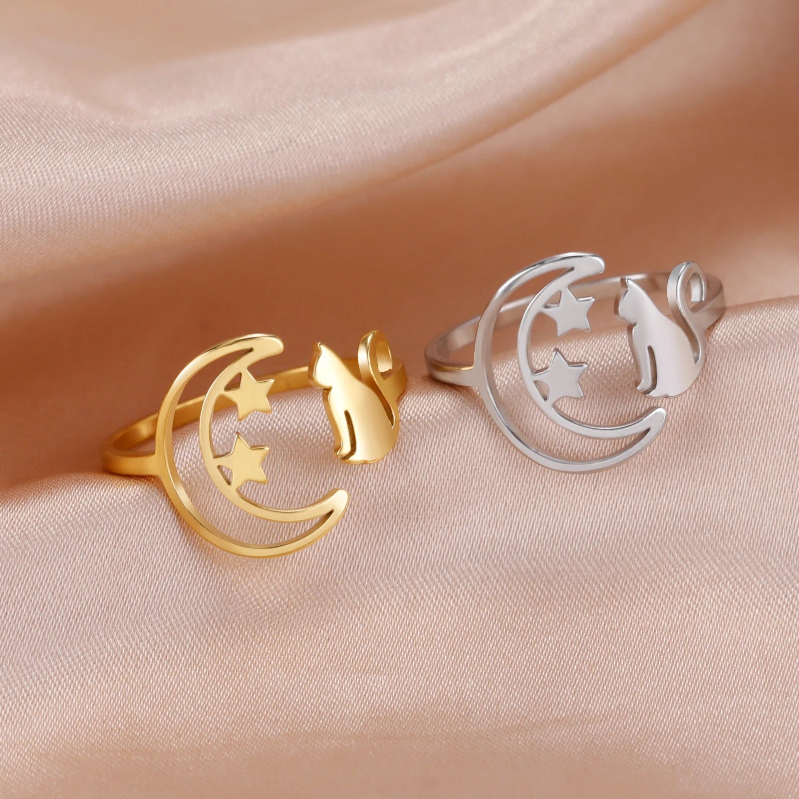 EUEAVAN, 1 pieza, bonito anillo de acero inoxidable con forma de gato y Luna para mujer, anillos abiertos ajustables con animales encantadores, regalos de joyería de Año Nuevo para amantes de las mascotas