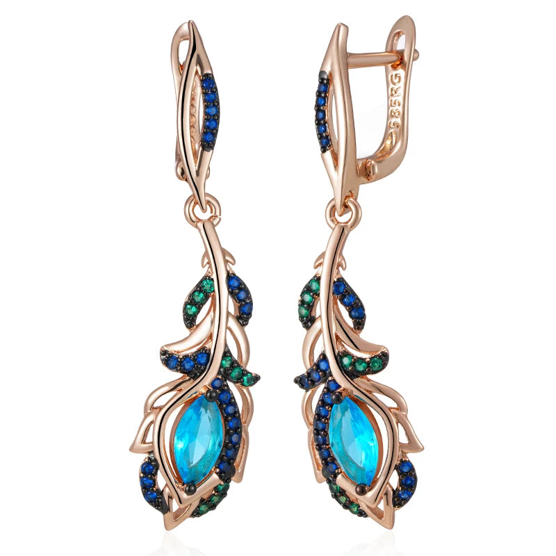 Pendientes largos Kinel de gota de flor de circón Natural azul intenso para mujer 585 chapado en oro rosa y negro joyería diaria de fiesta Vintage