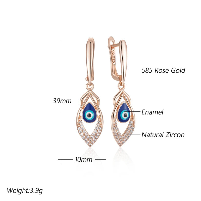 Kinel moda novedosa 585 pendientes de gota de esmalte azul de Color oro rosa para mujer chica boda fiesta joyería de gota de circón Natural