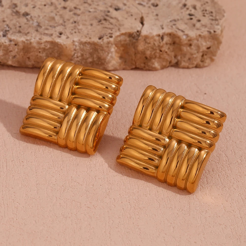 Pendientes cuadrados con rayas horizontales y verticales en un patrón de rejilla aretes Pendientes de mujer Regalo de acero inoxidable сubьги