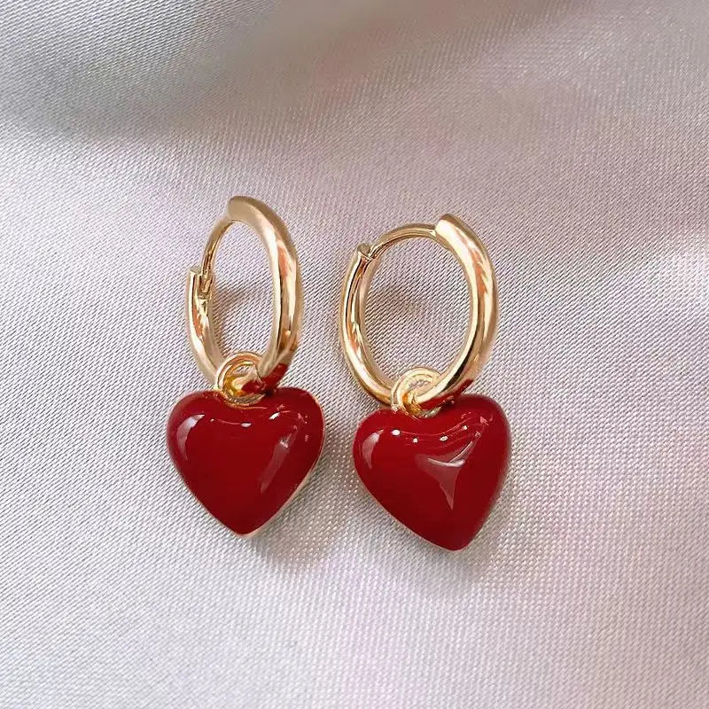 Pendientes colgantes de corazón de amor rojo vino de diseño Simple para mujer, círculo de Color dorado, pendiente de gota de melocotón Vintage, joyería de moda