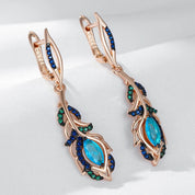 Pendientes largos Kinel de gota de flor de circón Natural azul intenso para mujer 585 chapado en oro rosa y negro joyería diaria de fiesta Vintage