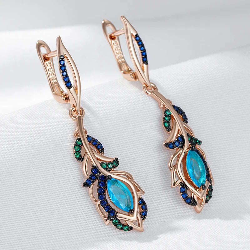 Pendientes largos Kinel de gota de flor de circón Natural azul intenso para mujer 585 chapado en oro rosa y negro joyería diaria de fiesta Vintage