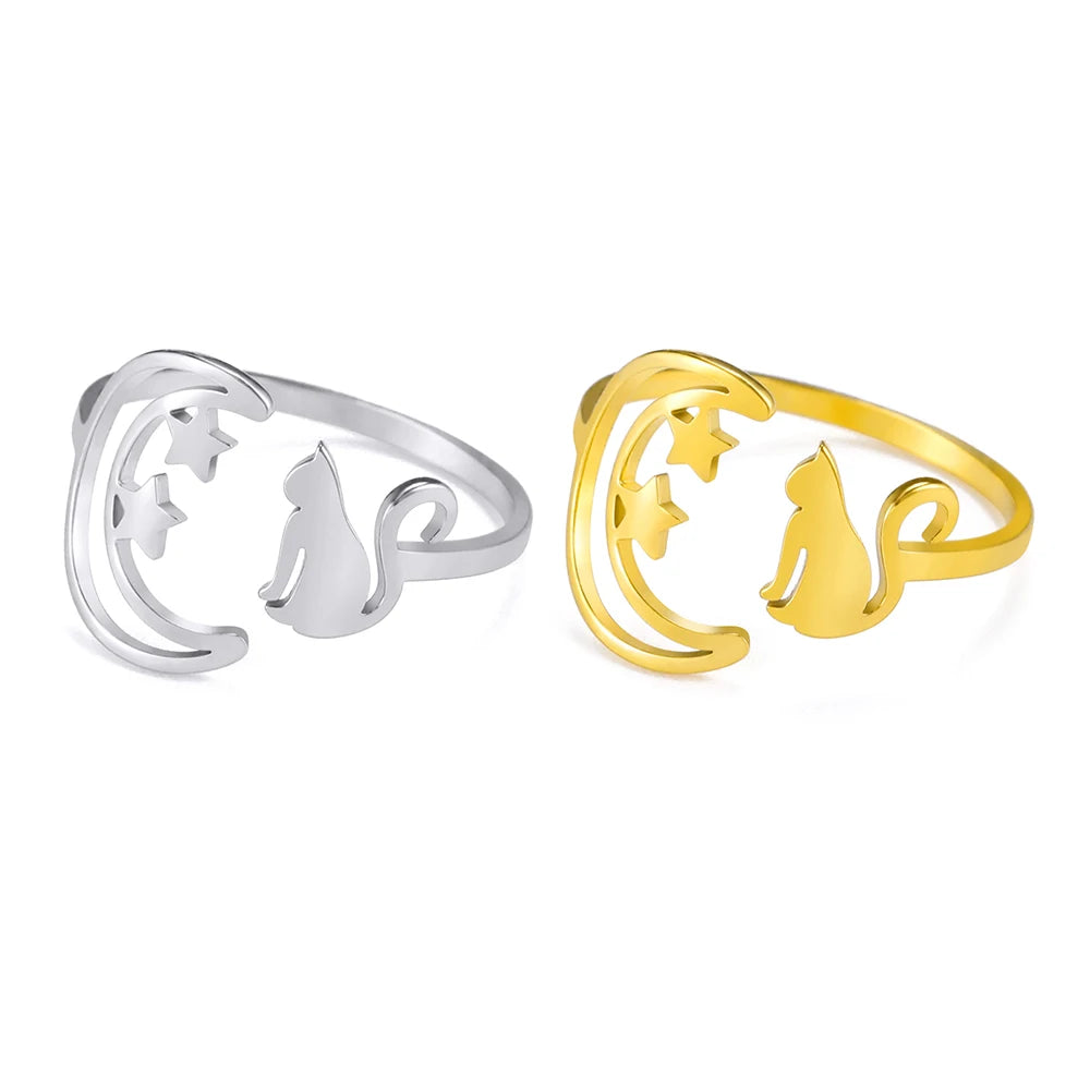 EUEAVAN, 1 pieza, bonito anillo de acero inoxidable con forma de gato y Luna para mujer, anillos abiertos ajustables con animales encantadores, regalos de joyería de Año Nuevo para amantes de las mascotas