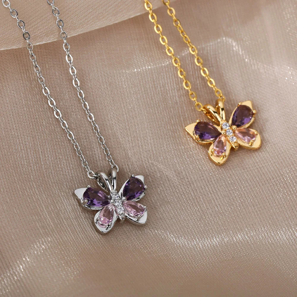 Bonito Collar de mariposa para mujer, collares estéticos de circonita púrpura de cristal de acero inoxidable, Gargantilla con dijes, joyería de fiesta