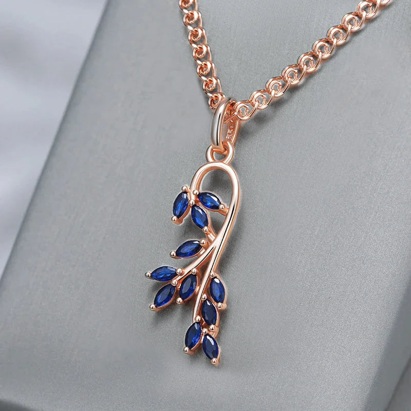 Wbmqda Colgante y collar de lujo con forma de hoja azul para mujer con cadena de Color oro rosa 585