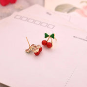 Pendientes de tuerca de cereza con diamantes de imitación de cristal para mujer, pendientes de lazo de cereza de aceite de goteo dulce, regalo de joyería de moda para niñas