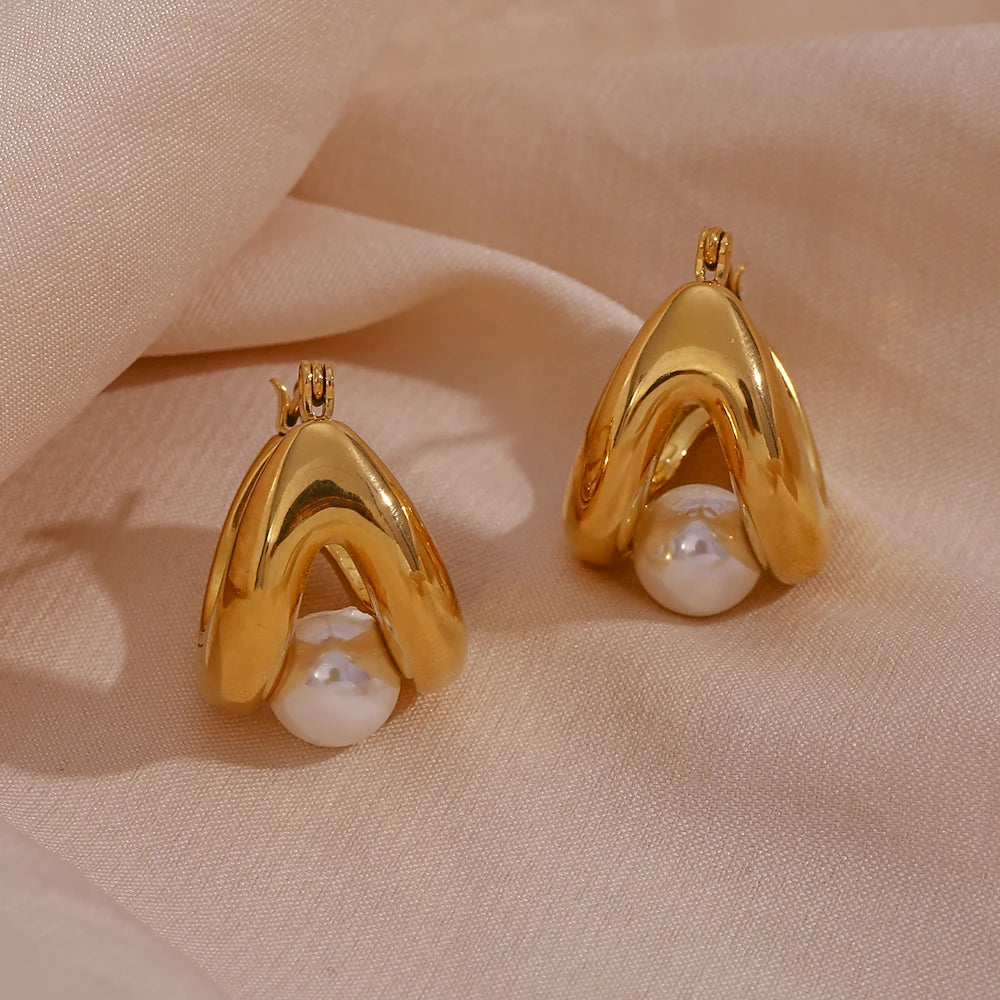 E.B.belle-pendientes de aro de perlas sintéticas redondas para mujer, aros de doble capa con forma de U, joyería de acero inoxidable chapada en oro