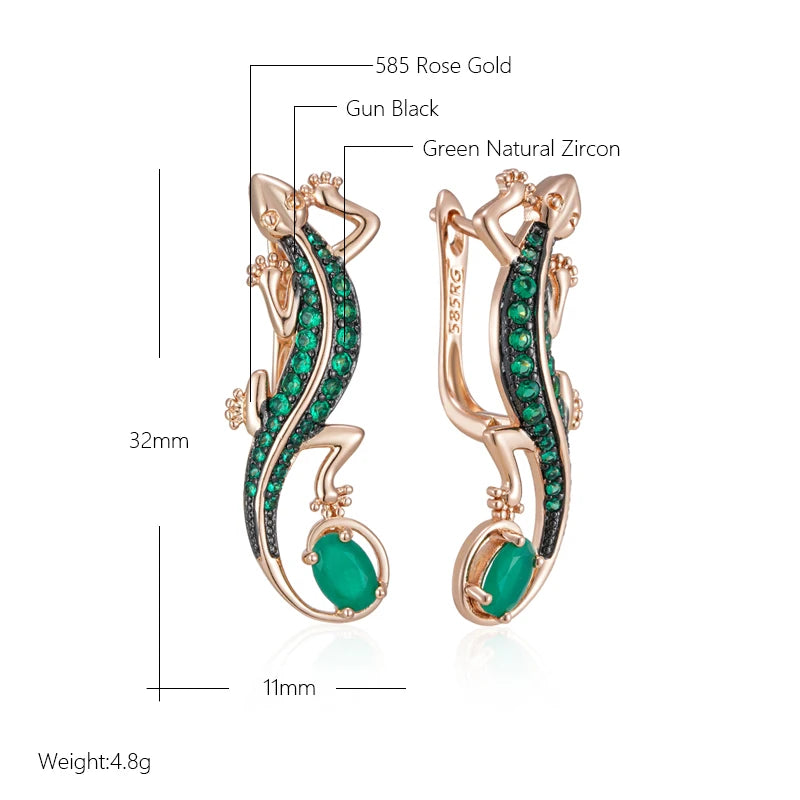 Pendientes Kinel de gota de lagarto de circón Natural verde intenso para mujer 585 chapado en oro rosa y negro joyería Punk diaria de animales Vintage