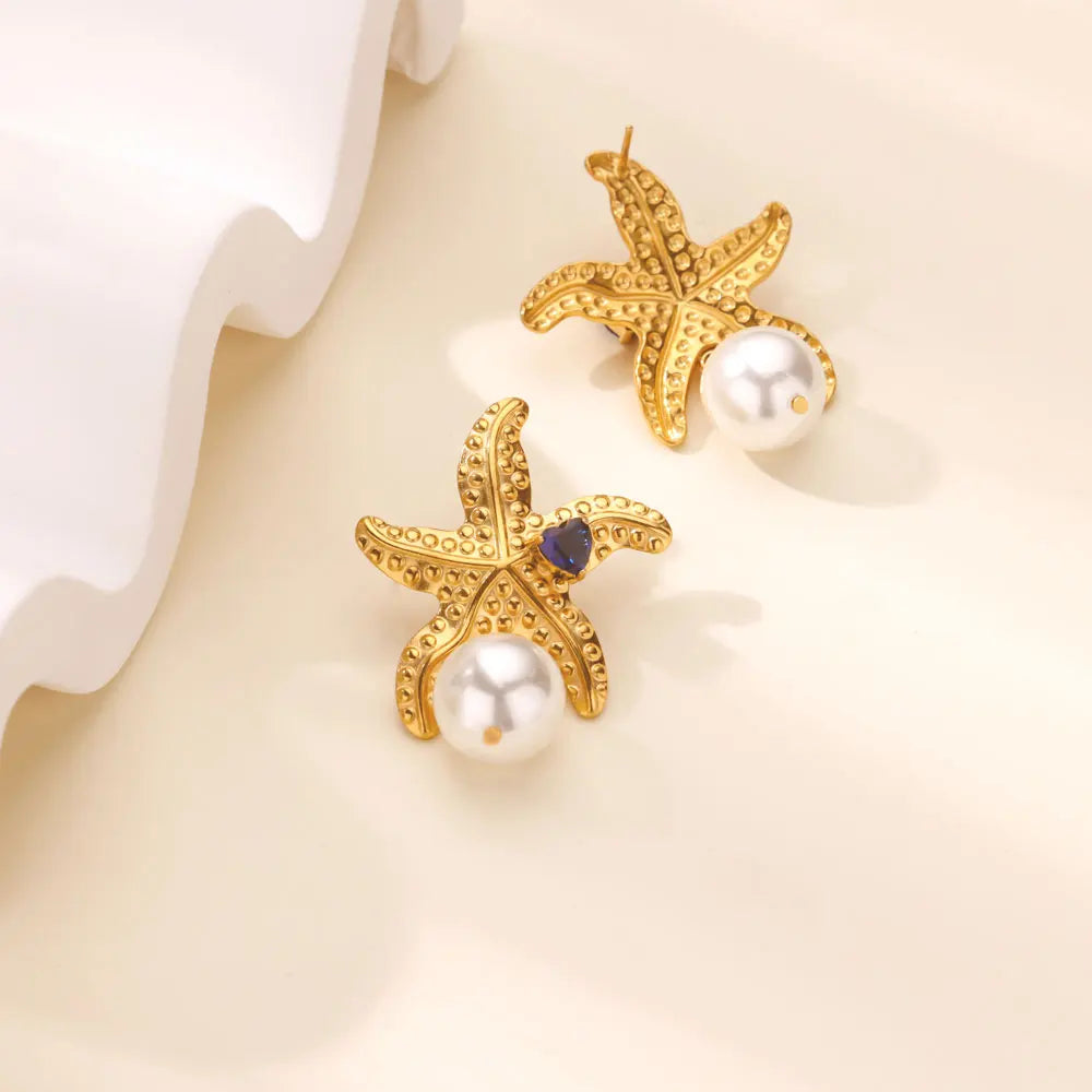 Pendientes de perlas de imitación de estrella de mar para mujeres y niñas, pendientes de acero inoxidable de Color dorado, joyería para las orejas de tendencia 2025, envío gratuito