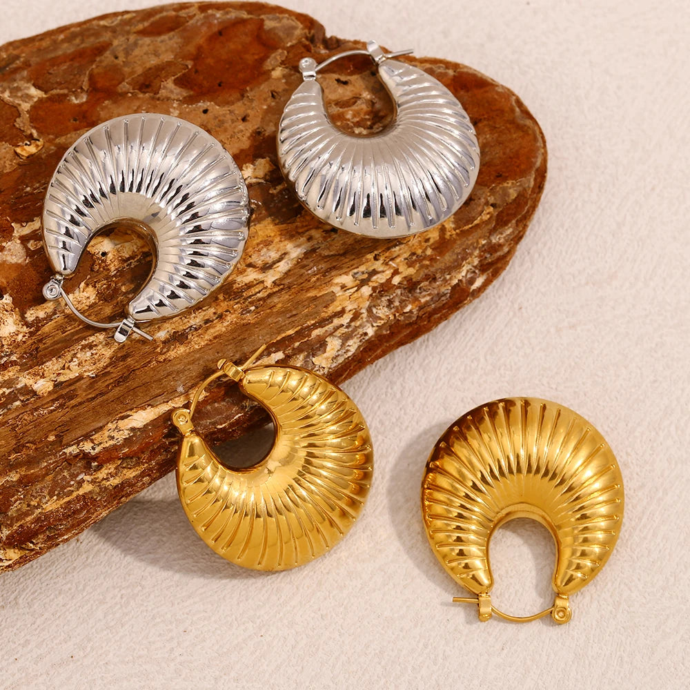 E.B.belle Pendientes de aro a rayas con cuerno de oveja, resistentes al agua, Color plateado, acero inoxidable 316L, joyería de moda para mujer chapada en oro de 18 quilates