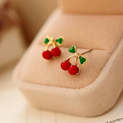 Pendientes de tuerca de cereza con diamantes de imitación de cristal para mujer, pendientes de lazo de cereza de aceite de goteo dulce, regalo de joyería de moda para niñas