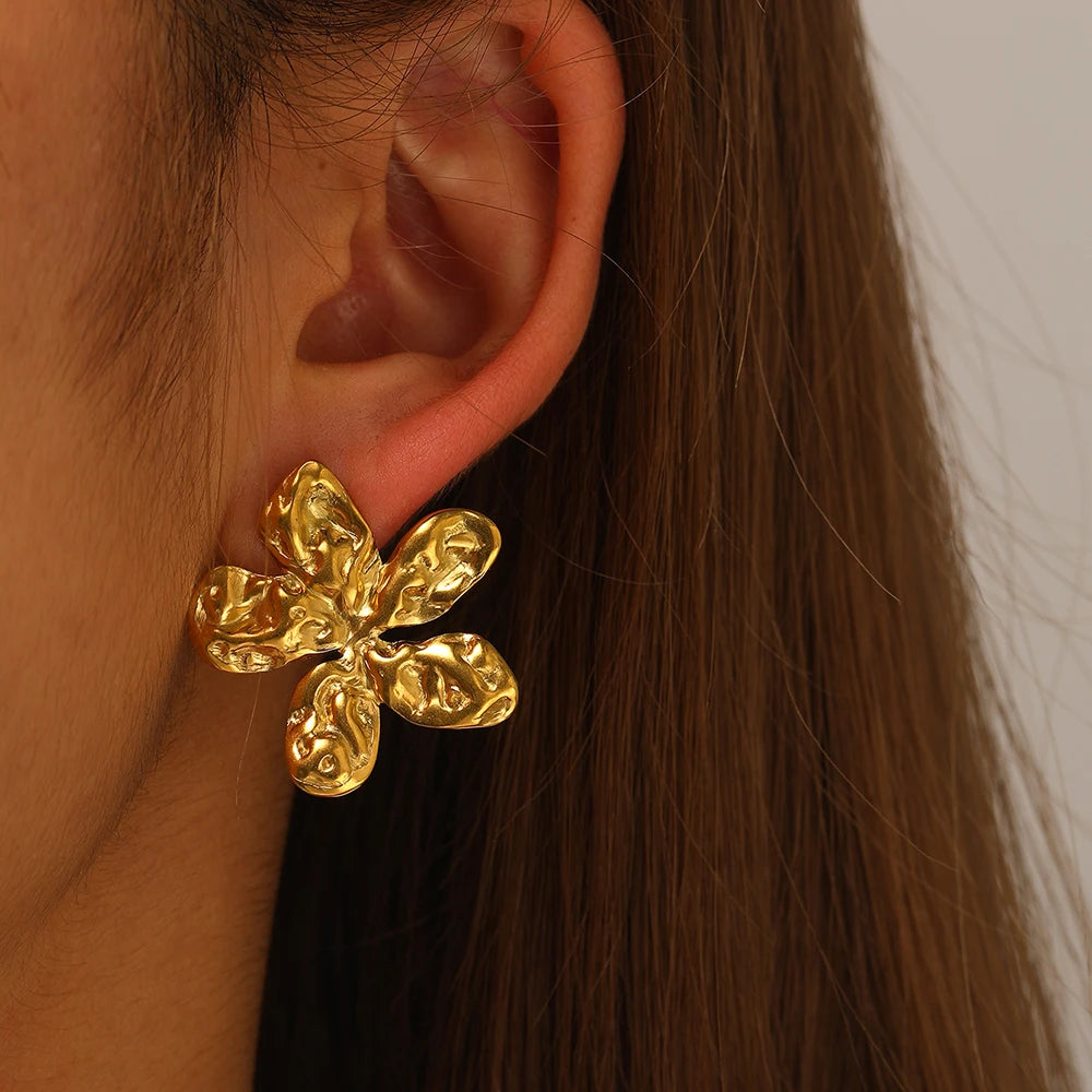 Pendientes de acero inoxidable para mujer, aretes brillantes cóncavos con flor botánica Vintage, joyería para uso diario
