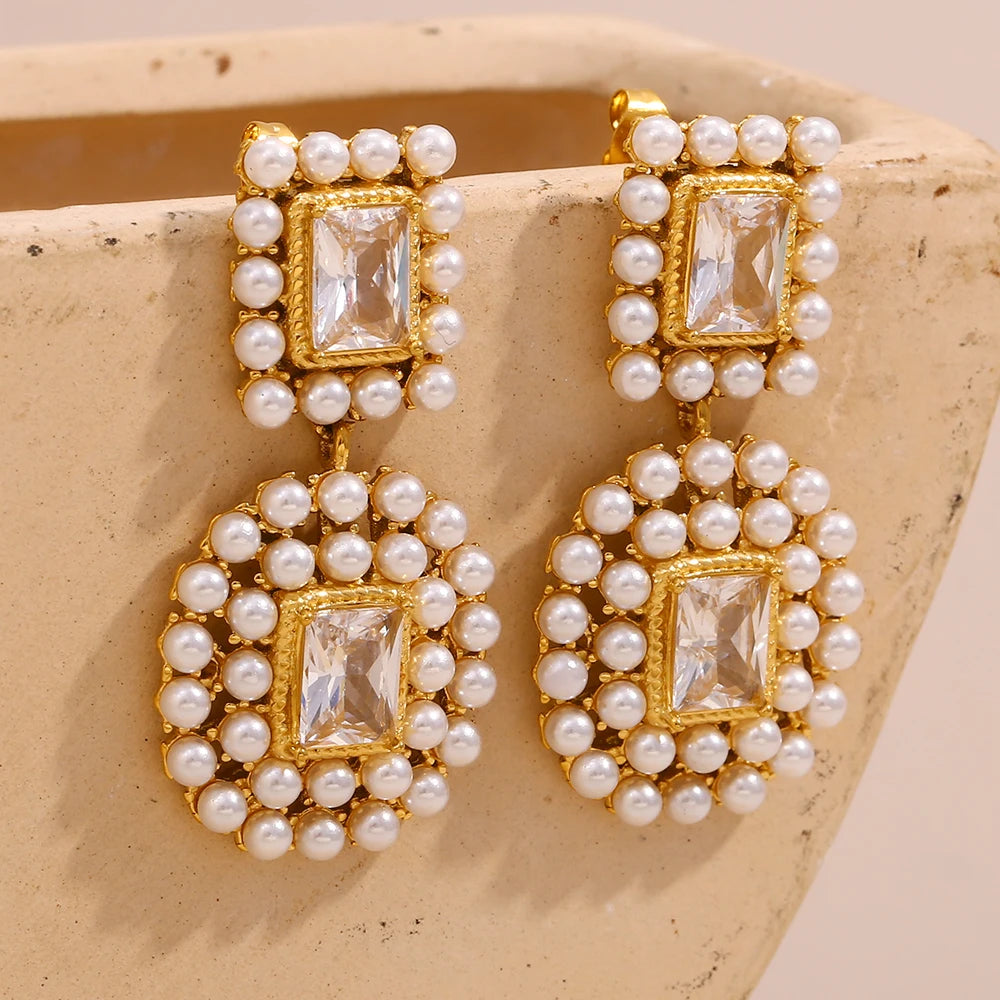 E.B.belle moda 18K chapado en oro de lujo empalmado cuadrado circón lleno de perlas pendientes mujeres fiesta joyería elegante no deslustradas