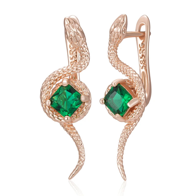 Kinel-pendientes colgantes de serpiente de circón Natural para mujer, joyería de animales Punk diaria Vintage, Color oro rosa 585, color verde intenso