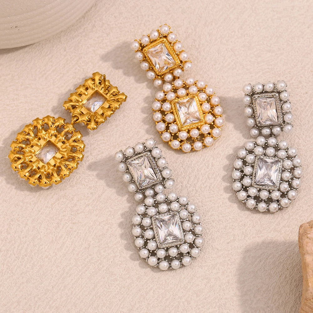 E.B.belle moda 18K chapado en oro de lujo empalmado cuadrado circón lleno de perlas pendientes mujeres fiesta joyería elegante no deslustradas