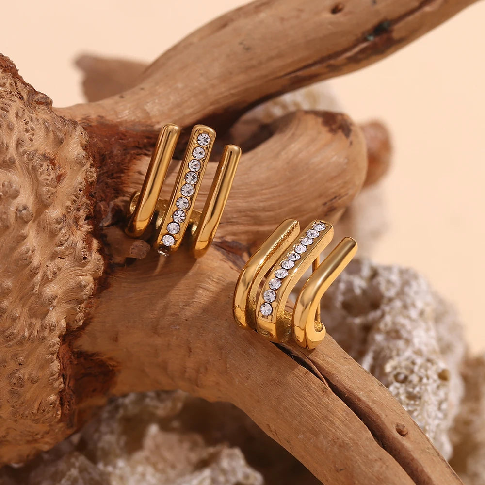 E.B.belle-pendientes de gancho curvo en forma de J de tres capas con diamantes de imitación, joyería de acero inoxidable 316L chapada en oro de 18 quilates para mujer