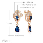 Kinel-pendientes largos de circonita Natural azul para mujer, aretes colgantes de flores Vintage, Color oro rosa 585, joyería fina étnica para boda