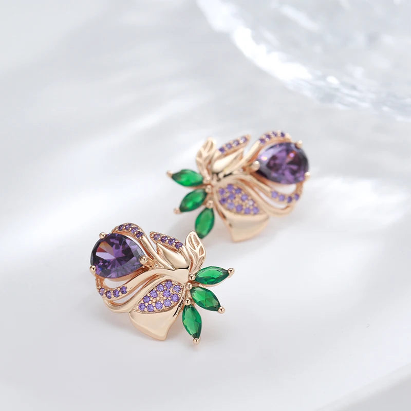Kienl-pendientes de gota de flor de circón Natural púrpura Vintage para mujer, joyería fina de alta calidad para uso diario, pendiente grande de Color oro rosa 585