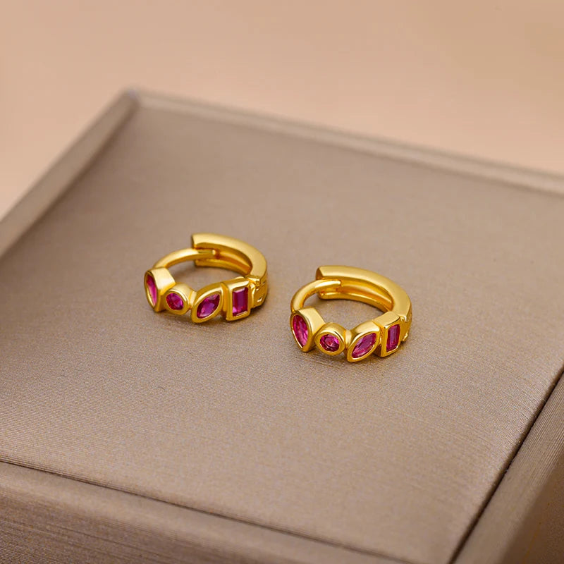 Pendientes de aro verdes de circón minimalistas para mujer, aretes de botón de oreja de círculo pequeño de acero inoxidable, joyería de moda