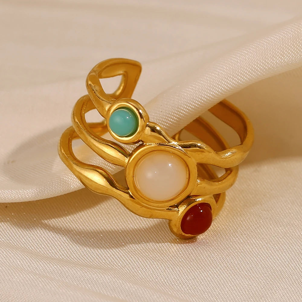E.B.belle Mlutilayers Anillo con apertura de piedras preciosas coloridas Acero inoxidable de alta calidad chapado en oro de 18 quilates Joyería de moda para mujer