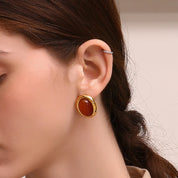 E.B.belle-pendientes de tuerca de piedra Natural con forma ovalada, estilo Retro, patrón de martillo, borde de acero inoxidable para mujer y niña, fiesta y citas