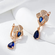 Kinel-pendientes largos de circonita Natural azul para mujer, aretes colgantes de flores Vintage, Color oro rosa 585, joyería fina étnica para boda