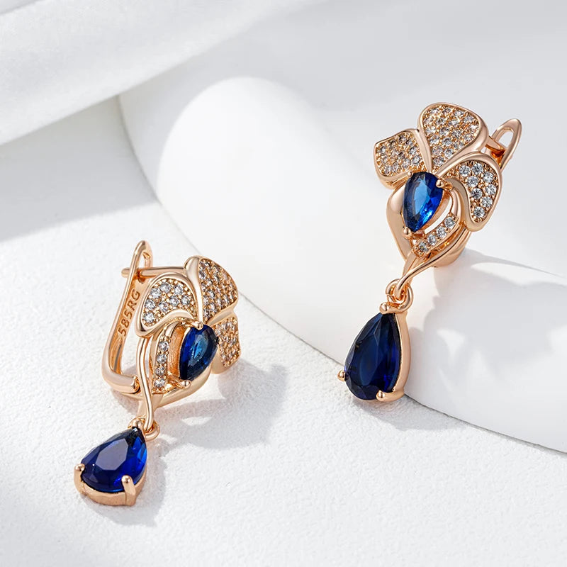 Kinel-pendientes largos de circonita Natural azul para mujer, aretes colgantes de flores Vintage, Color oro rosa 585, joyería fina étnica para boda