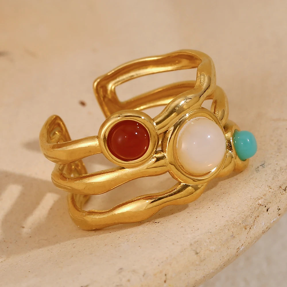 E.B.belle Mlutilayers Anillo con apertura de piedras preciosas coloridas Acero inoxidable de alta calidad chapado en oro de 18 quilates Joyería de moda para mujer