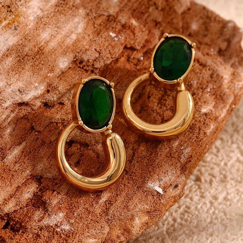 E.B.belle-pendientes de circonita verde con forma ovalada, estilo clásico, chapado en oro de 18 quilates, joyería de oreja de acero inoxidable para fiesta para mujer