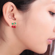 Pendientes de tuerca de cereza con diamantes de imitación de cristal para mujer, pendientes de lazo de cereza de aceite de goteo dulce, regalo de joyería de moda para niñas