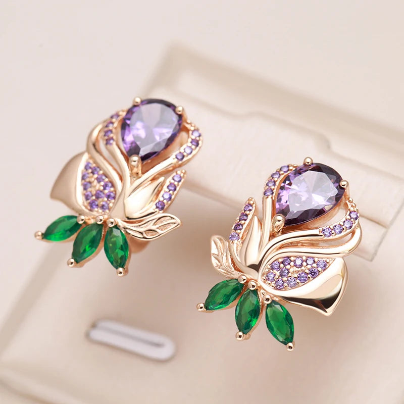 Kienl-pendientes de gota de flor de circón Natural púrpura Vintage para mujer, joyería fina de alta calidad para uso diario, pendiente grande de Color oro rosa 585