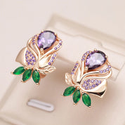 Kienl-pendientes de gota de flor de circón Natural púrpura Vintage para mujer, joyería fina de alta calidad para uso diario, pendiente grande de Color oro rosa 585