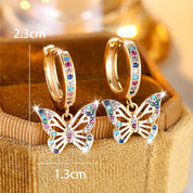 Pendientes de aro de piedra de circón redondos de mariposa colorida para mujer, Color dorado, regalos únicos para novia, joyería de boda para mujer