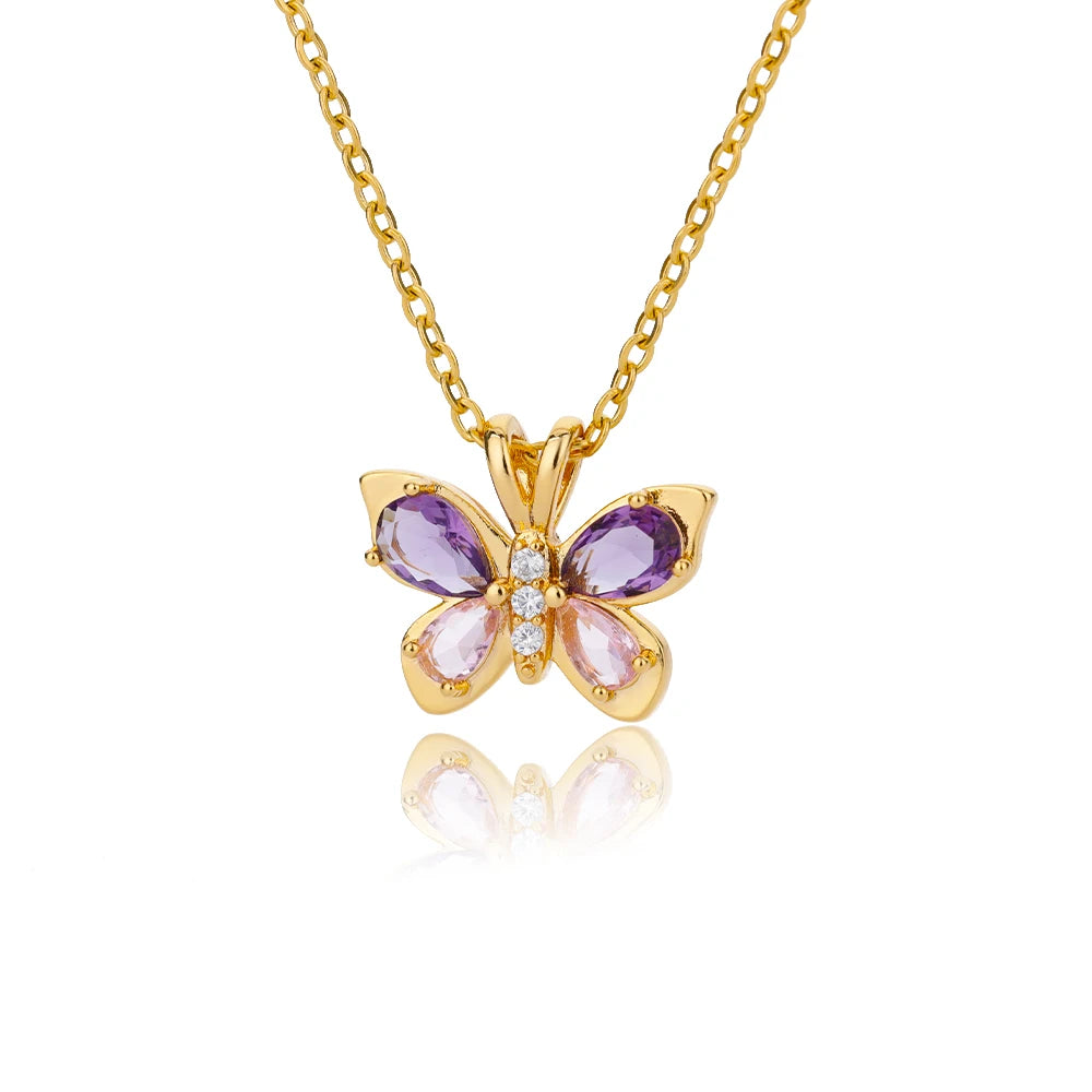 Bonito Collar de mariposa para mujer, collares estéticos de circonita púrpura de cristal de acero inoxidable, Gargantilla con dijes, joyería de fiesta