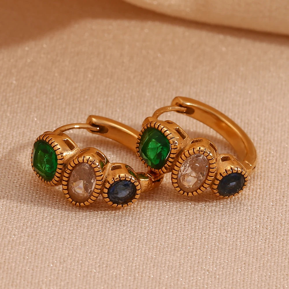 E.B.belle-pendientes de aro de joyería de circonita verde Vintage, resistentes al agua, hipoalergénicos, accesorios de acero inoxidable 316L para fiesta