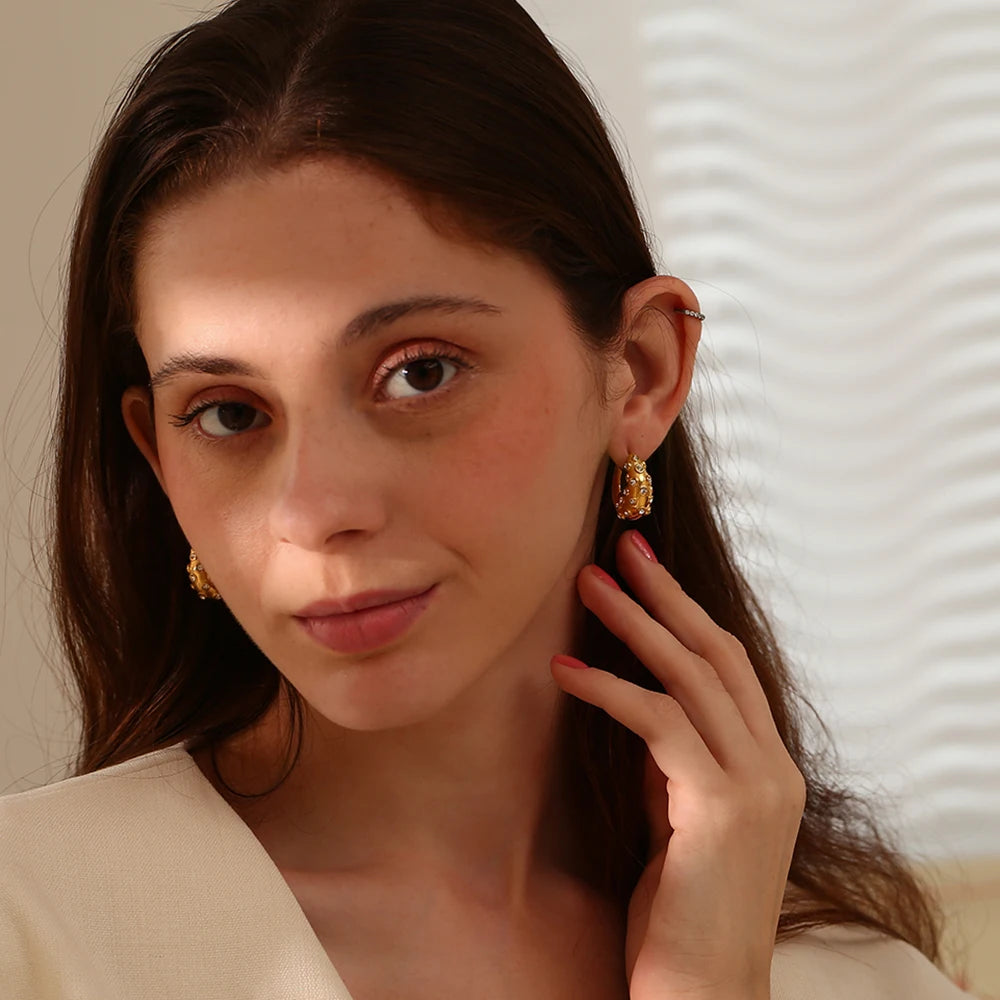 E.B.belle-pendientes redondos irregulares de estilo Retro con diamantes de imitación, joyería de acero inoxidable chapada en oro de 18 quilates, resistentes al agua para fiesta de mujer