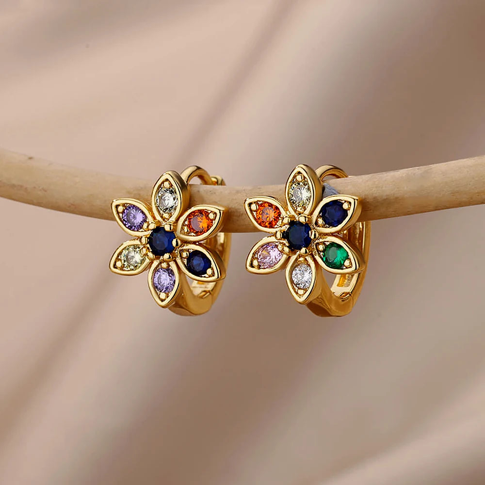 Pendientes de flores de colores para mujer, aretes de aro de acero inoxidable con circonita cúbica, joyería estética de lujo, aretes para mujer 2024
