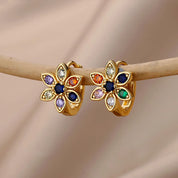 Pendientes de flores de colores para mujer, aretes de aro de acero inoxidable con circonita cúbica, joyería estética de lujo, aretes para mujer 2024