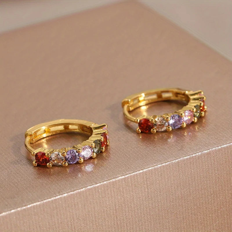 Pendientes de aro redondos de circonita cúbica para mujer, arcoíris brillante, regalo de joyería de Color dorado para fiesta clásica