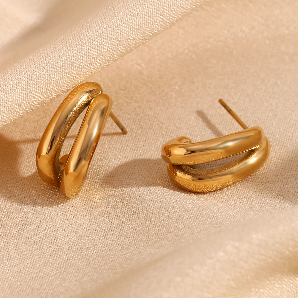 E.B.belle Pendientes simples con forma de plátano de doble capa, sin deslustre, regalo de acero inoxidable 316L, pendientes chapados en oro de 18 quilates para mujer