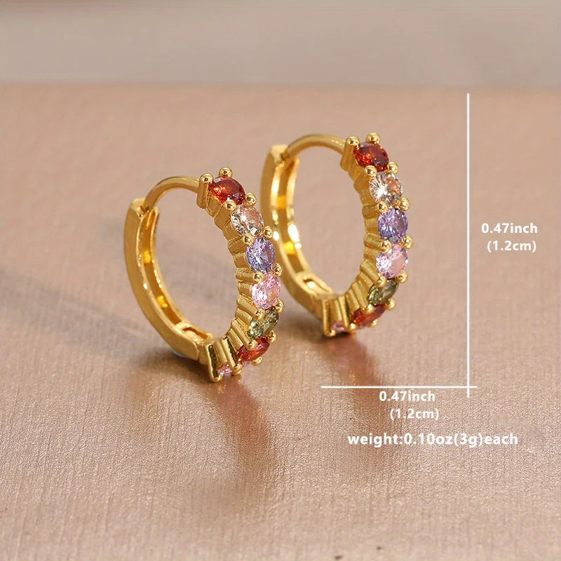 Pendientes de aro redondos de circonita cúbica para mujer, arcoíris brillante, regalo de joyería de Color dorado para fiesta clásica