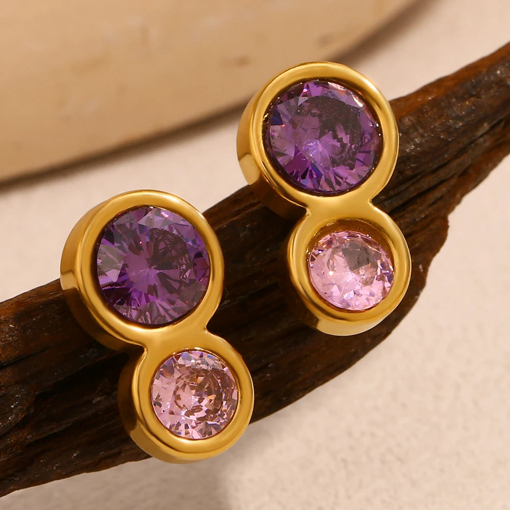 E.B.belle Pendientes de tuerca de circonita de Color rosa y morado con forma de doble círculo, joyería de oreja de acero inoxidable chapada en oro de estilo clásico