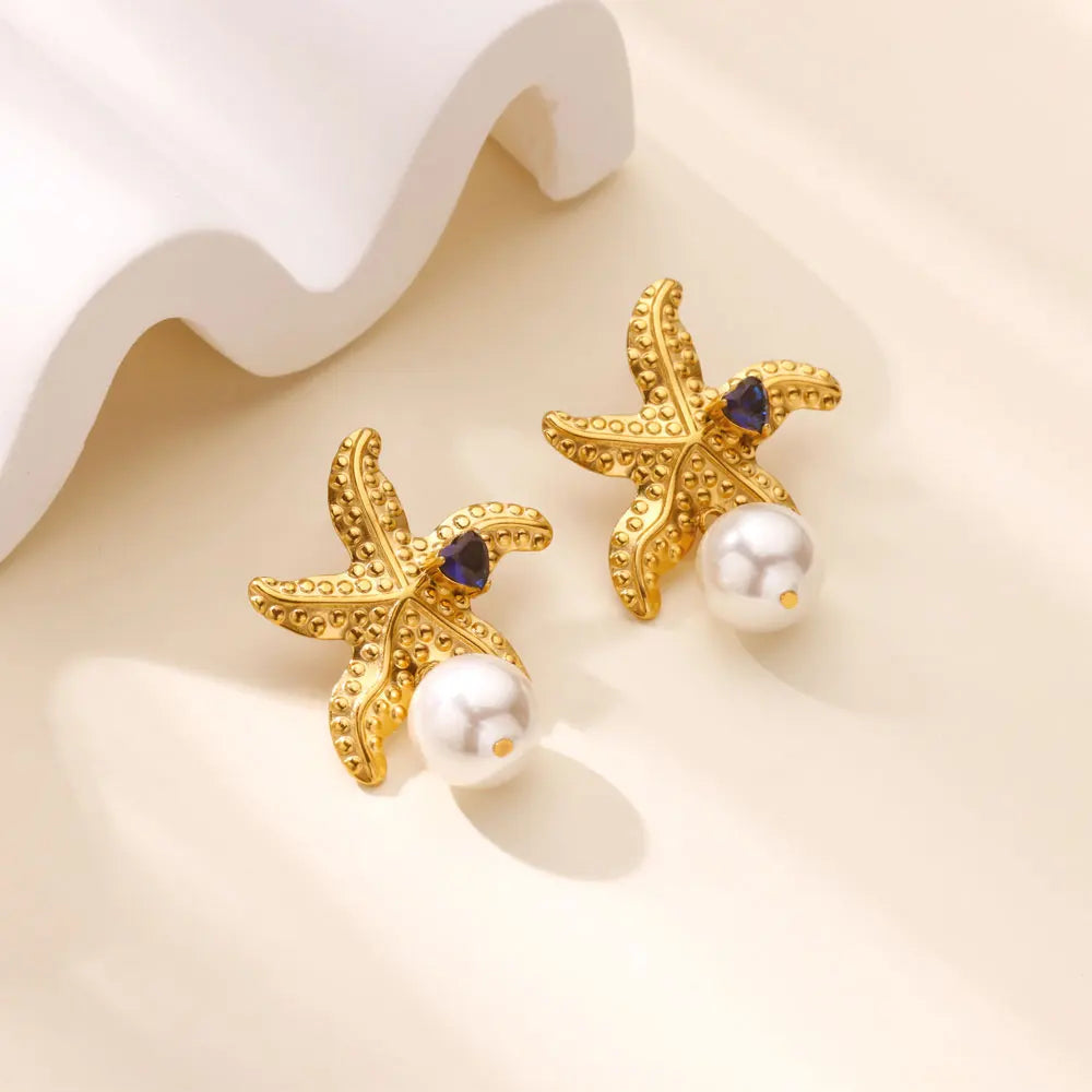 Pendientes de perlas de imitación de estrella de mar para mujeres y niñas, pendientes de acero inoxidable de Color dorado, joyería para las orejas de tendencia 2025, envío gratuito
