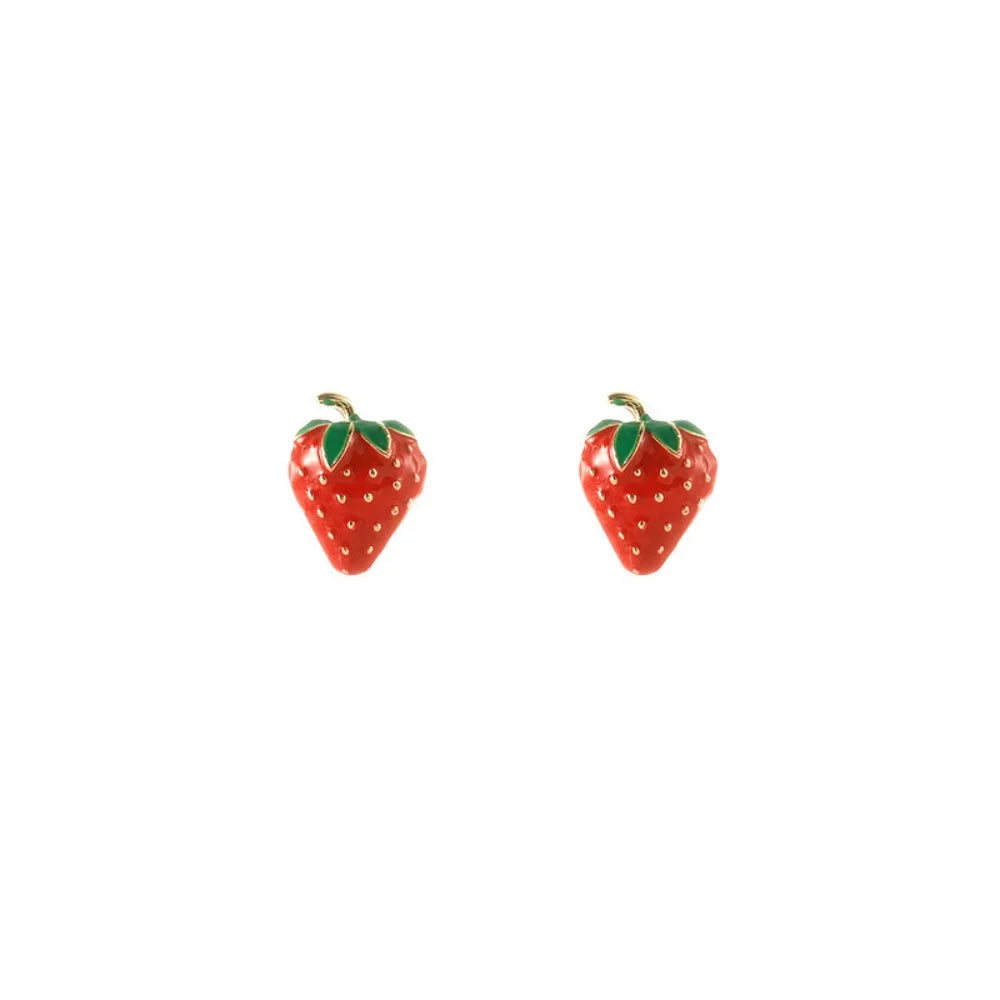 Pendientes pequeños con diseño de fresas esmaltadas de color rojo para mujeres y niñas, accesorios de joyería de frutas con abalorio de moda coreana, regalos
