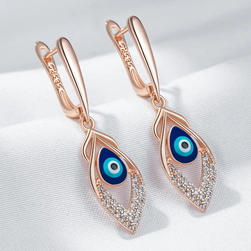 Kinel moda novedosa 585 pendientes de gota de esmalte azul de Color oro rosa para mujer chica boda fiesta joyería de gota de circón Natural