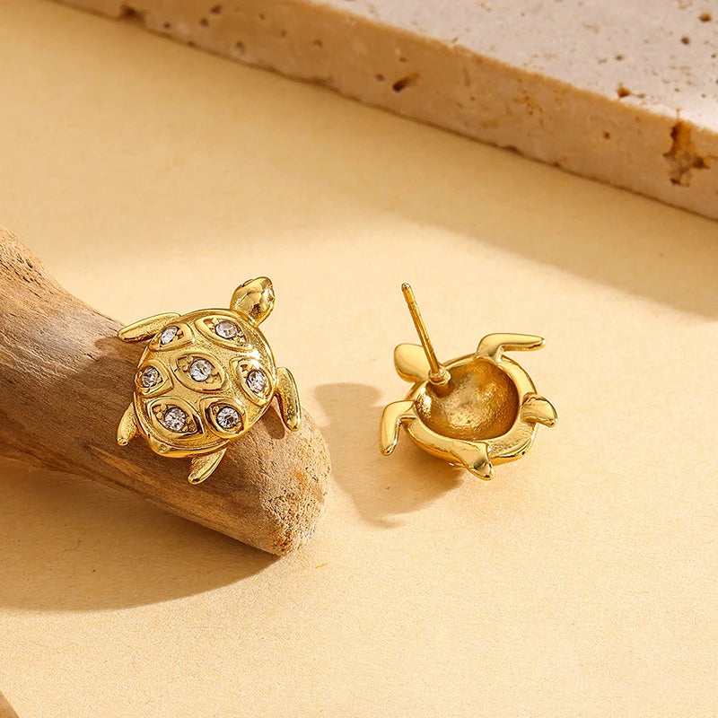 EILIECK 316L pendientes de tuerca de circonita de tortuga de Color dorado de acero inoxidable para mujer joyería de oreja impermeable de moda bisutería de regalo para niñas